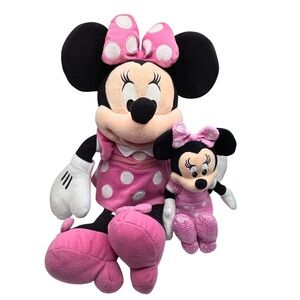 Disney Minnie Mouse Plush Lot Pink Polka Dot Dress Large 17” + Small 9”